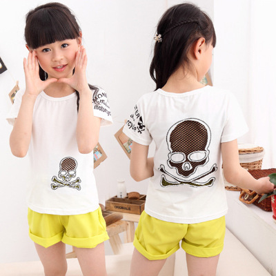 童装2015夏装儿童短袖童T恤 韩版时尚男童女童骷髅头T恤单件上衣