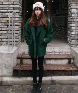 2015韩国正品代购韩版学生风复古休闲宽松中长款羊毛外套冬装包邮