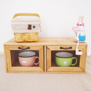 日式杂货实木玻璃两抽屉收纳箱桌面储物盒子zakka原木色整理箱子
