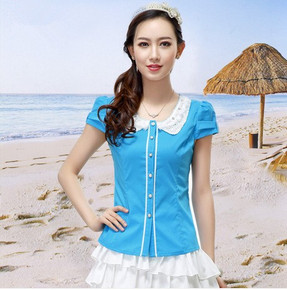 2014新款春装娃娃领蕾丝钉钻雪纺衬衫女韩版修身短袖衬衣潮