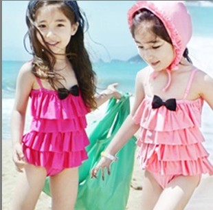 可爱儿童连身泳装 女童韩版粉色公主裙式连体露背游泳衣 带泳帽