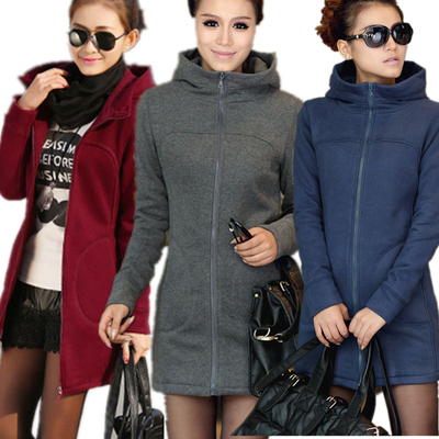 2015年春装新品韩版修身连帽拉链卫衣开衫女 中长款加厚外套卫衣