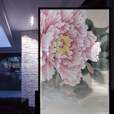 实木花卉中式牡丹半透明纱质屏风客厅家具玄关隔断植物胡桃木插屏