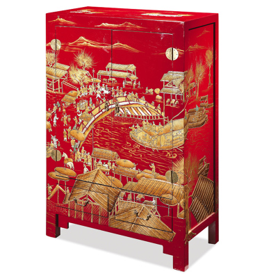 现代新中式立体清明上河图中国红黑彩绘定制餐边柜玄关柜鞋柜衣柜