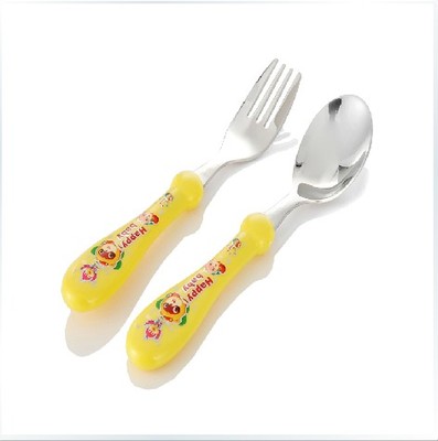开心熊便携式儿童餐具套装 不锈钢勺叉二件套 婴儿宝宝勺子叉子