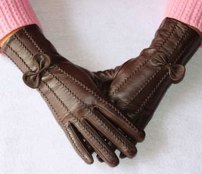 特价 韩版冬季保暖手套进口小羊皮女式短款中长真皮手套蝴蝶结2色