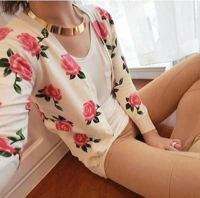 包邮2014新款春装 甜美复古韩版修身玫瑰花朵印花短款女款针织衫