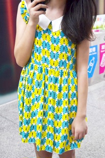 2015韩版夏季新款甜美瑞丽可爱风撞色娃娃领花边袖女装短裙连衣裙
