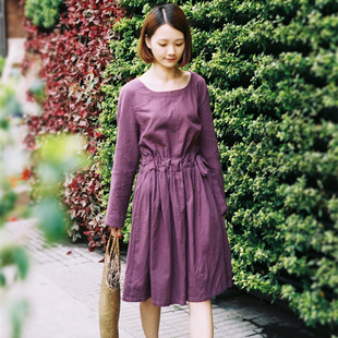 2014春季韩国复古文艺紫色波点系带收腰清新优雅棉麻中长连衣裙