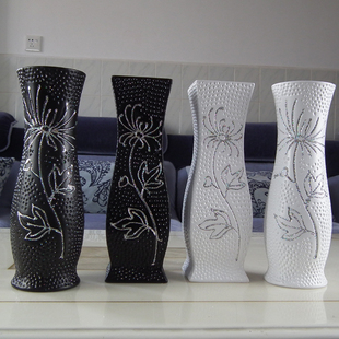 水立方白色陶瓷台面花瓶 现代中式黑色花器 印花工艺简约摆件