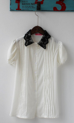 韩国进口夏装女气质蕾丝拼接翻领灯笼袖修身显瘦百摺白色雪纺衬衫