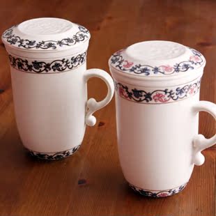 创意满家 女士实用生日礼物优雅花边陶瓷杯子带盖过滤三件套茶杯