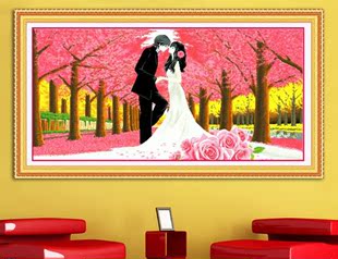 最新款蒙娜丽莎精准印花结婚卧室大幅浪漫樱花十字绣恩爱一生包邮