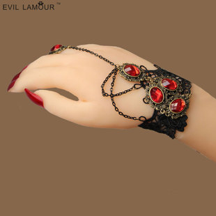 Evillamour吸血鬼哥特风时尚黑色女手链戒指一体手指链女生日礼物
