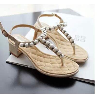 韩国代购2015夏新款女鞋珍珠水钻夹脚趾方跟欧美中跟潮人字凉鞋