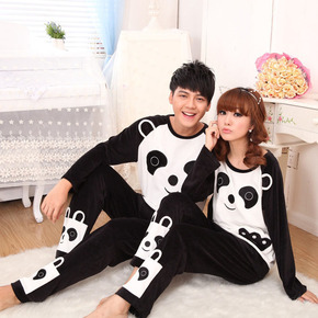 情侣睡衣长袖法兰绒春秋季女士可爱卡通熊猫冬季家居服男士套装