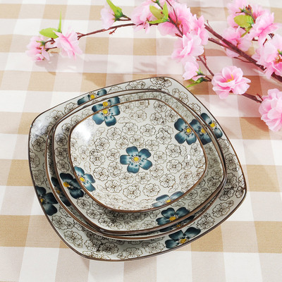 出口日式餐具釉下彩 手绘和风zakka  创意盘子方形四方菜盘 平盘
