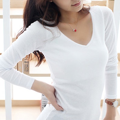 2014秋装新款韩版修身显瘦纯棉白色紧身t恤女士V领长袖体恤打底衫