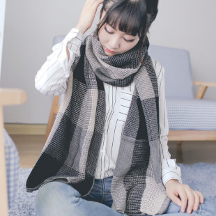 韩版格子情侣围巾男女超长格子学生毛线仿羊绒披肩围巾两用冬季