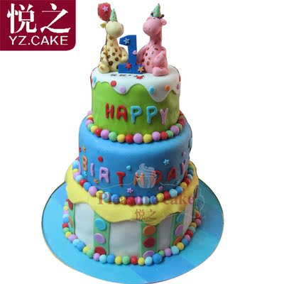 翻糖蛋糕 宝宝周岁生日蛋糕 三层小鹿一岁生日蛋糕速递 悦之蛋糕