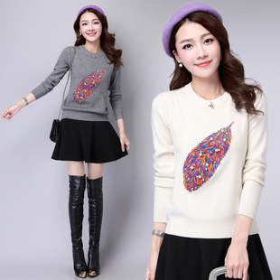 韩版圆领套头毛衣女2015冬装新款女装短款修身长袖针织打底衫上衣
