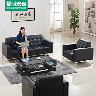 广州真皮办公沙发茶几组合现代简约商务办公室沙发简易接待三人位