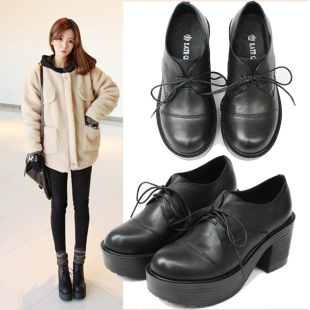 2015韩国stylenanda真皮女高跟厚底粗跟靴防水台松糕春秋学生单鞋