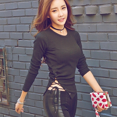 韩国个性不对称非规则长袖T恤女装秋冬圆领上衣修身显瘦打底衫 潮