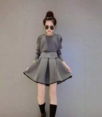 2015秋冬新款韩版大码女装修身显瘦针织衫两件套装长袖圆领连衣裙