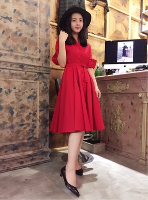 2016春季新款女装V领韩版修身A字短袖单排扣中长款连衣裙