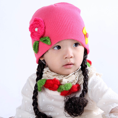 韩版女童假发帽子秋冬季加厚套头帽子婴儿针织公主帽潮0-2岁包邮