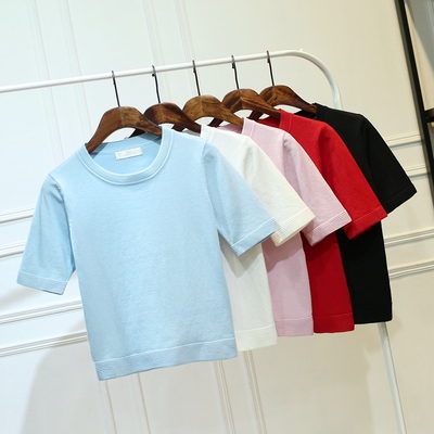 2016夏季韩版新款纯色女t恤短款圆领套头女式短袖t恤针织打底衫