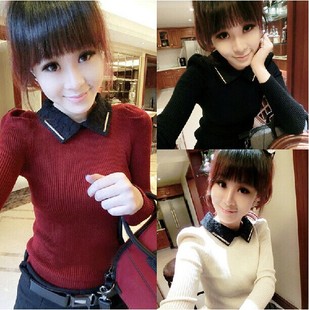 2015秋冬时尚显瘦韩版女装娃娃领针织衫套头打底长袖女士潮流t恤