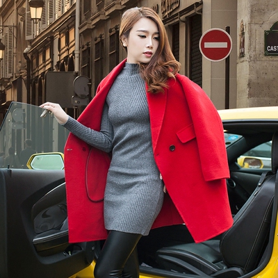韩版新品冬装茧型高端双面羊绒大衣女中长款双面毛呢外套休闲红色