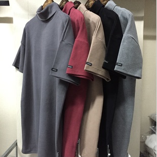 2016春季新款韩国版羊绒拉架纯色短袖中长款高领宽松时尚女士T恤
