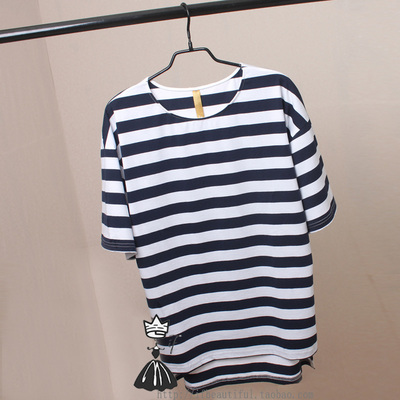 2015夏装新款韩版海军风宽松下开叉海魂衫中长款横条纹短袖T恤女