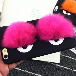 韩国代购真兔毛球立体毛绒眼睛iphone6s苹果5S手机壳6plus保护套