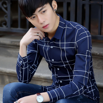 秋季青年休闲男士长袖衬衫个性经典格子潮流韩版时尚百搭学生衬衣