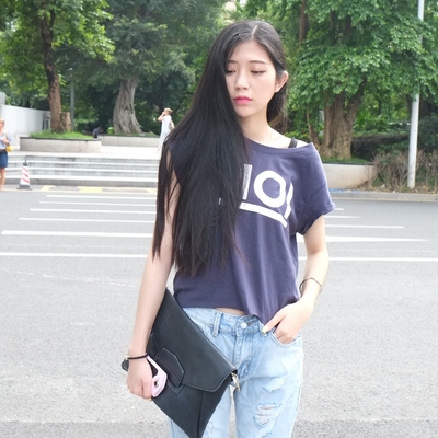 字母短款T恤女 2015夏季新品韩版高腰短款字母T恤 两色