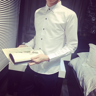 2015新款春秋韩版男士长袖衬衫商务休闲纯色衬衣学生修身白色上衣