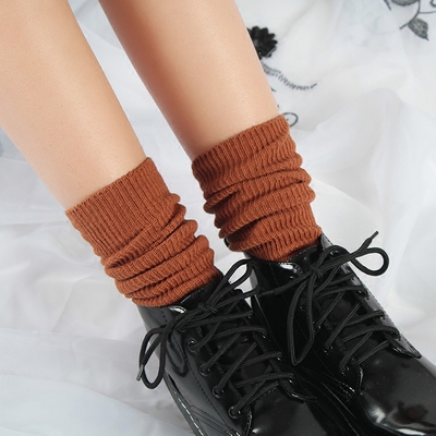 秋冬韩国纯色女士袜糖果色全棉堆堆袜中筒棉袜松口女生中筒短靴袜