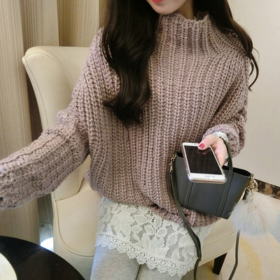 2016春秋装新品 韩版宽松纯色高领长袖套头粗毛线针织毛衣