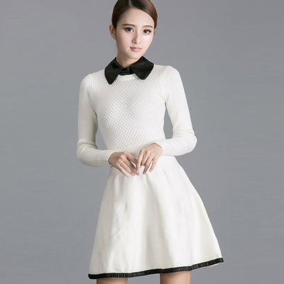 2015秋冬新款衬衣领针织毛衣连衣裙 白色长款毛衣长袖连衣裙