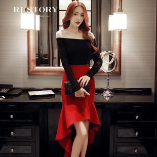 RJstory 2015 冬季 新款 连衣裙一字领露肩长袖韩版性感荷叶摆