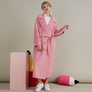 RCH独立原创设计粉色大衣宽松长款双面羊绒大衣女双面呢外套薄款