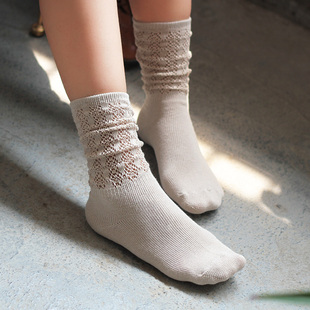 春夏日系全棉堆堆袜韩国潮流镂空中筒女袜子森系复古长筒堆堆袜