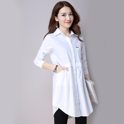 2016秋装新款棉麻衬衫 韩版黑白格子长袖修身中长款衬衣外套上衣