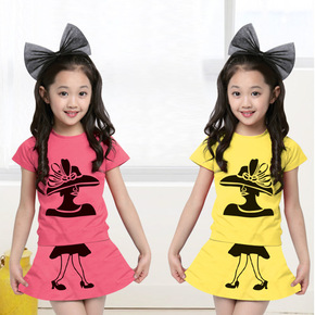 2015夏新款童装女童卡通印花短裙子大中小童两件套韩版BE667E5F