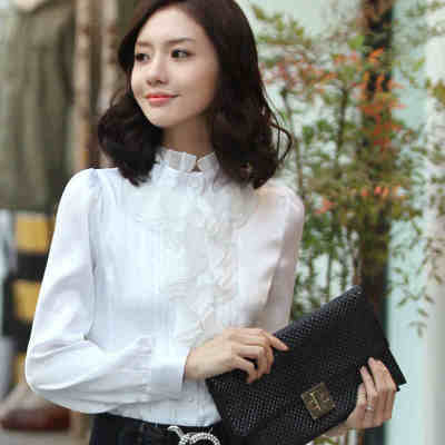 新款女士蕾丝雪纺衬衫修身显瘦立领韩版职业装荷叶边长袖白色衬衣