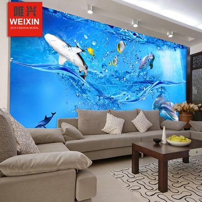 3D海底鱼 美化客厅背景 定制大型壁画 墙纸 自粘 防水